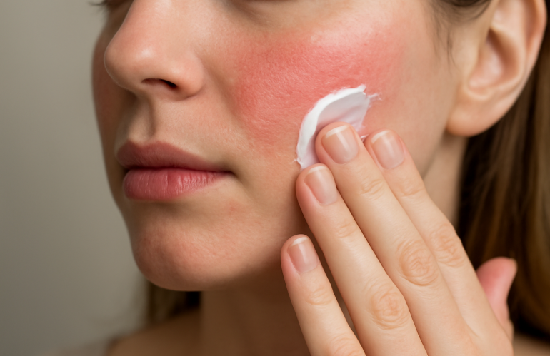main appliquant crème sur joue rouge