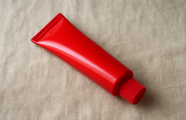 tube rouge posé sur tissu neutre