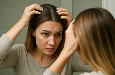 femme touchant ses racines grasses devant miroir