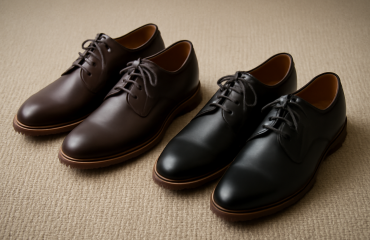 paires de derbies posées sur tapis de bureau
