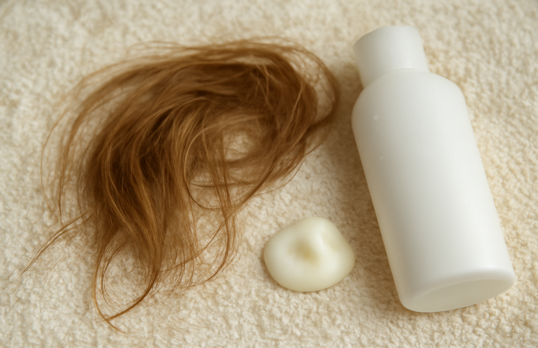 cheveux fins posés sur serviette et produit