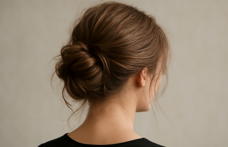 cheveux relevés en chignon flou