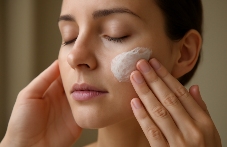 mains appliquant une crème apaisante sur visage