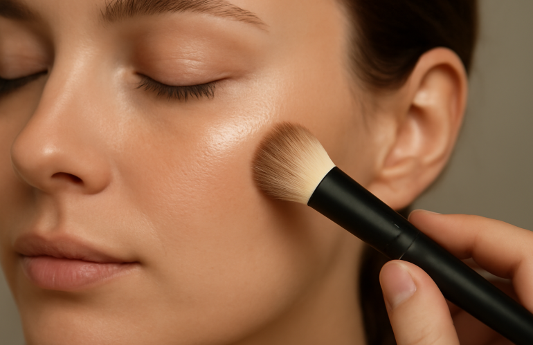 main déposant une touche de highlighter sur pommette