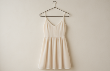 robe courte fluide déposée sur un cintre minimaliste