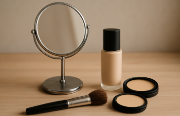 miroir pinceau et produit posés sur table