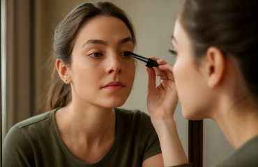 femme appliquant mascara devant miroir