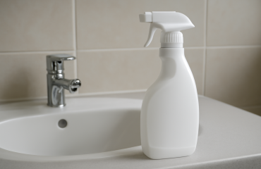 flacon de nettoyant posé près d'un lavabo