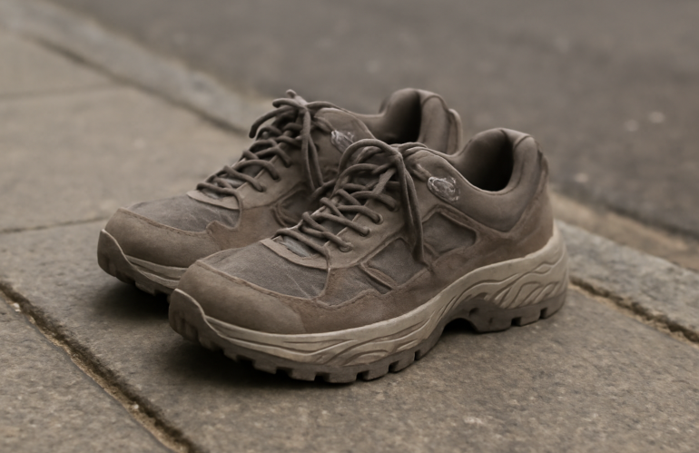 paire de baskets robustes sur trottoir urbain