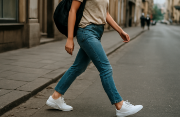 femme marchant en sneakers dans la rue