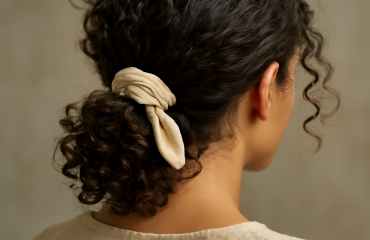cheveux boucles attachés doucement par un tissu