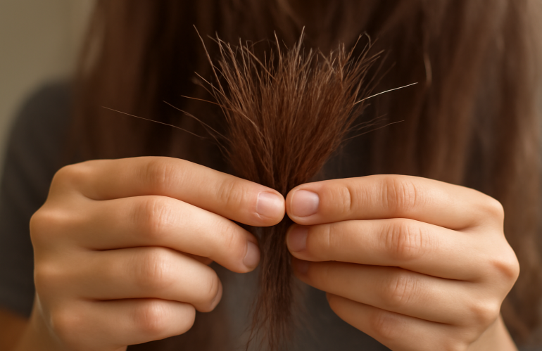 mains tenant pointes de cheveux abimes