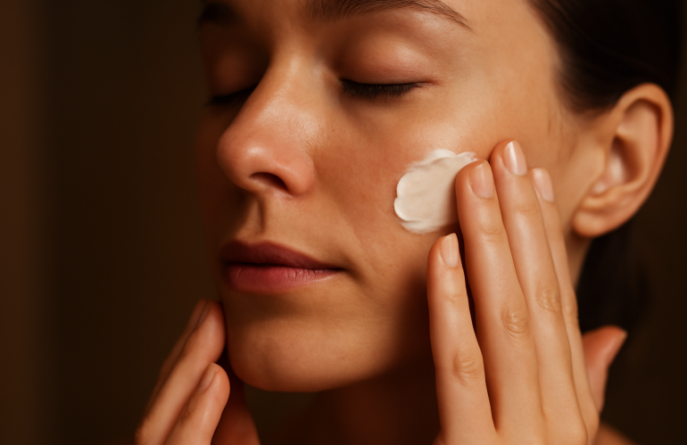 mains appliquant creme sur joue le soir