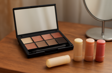 palette compacte et baumes posés sur coiffeuse