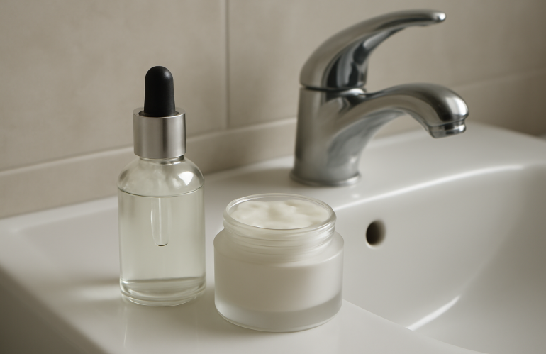 flacon serum et creme poses sur lavabo