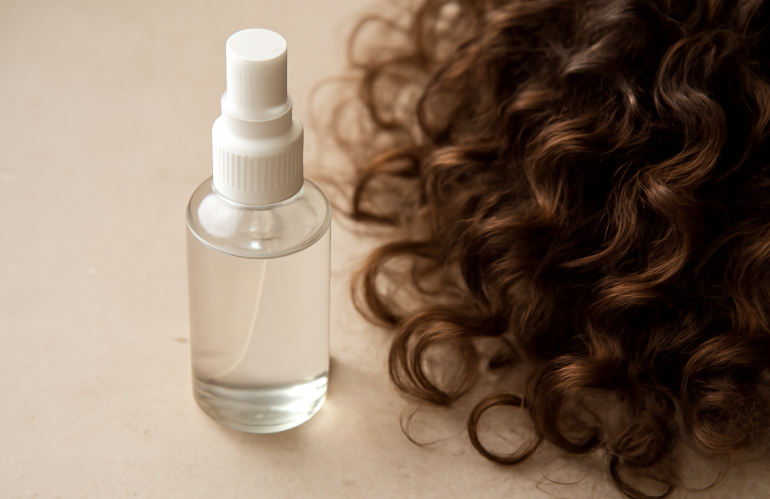 flacon spray posé près de boucles naturelles