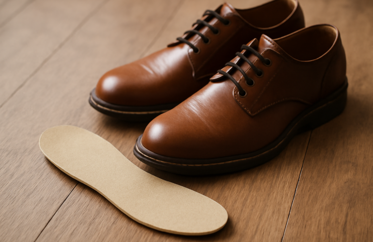 semelle intérieure posée près d'une paire de chaussures