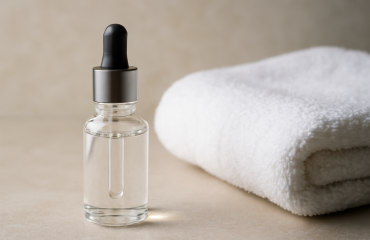 flacon sérum posé près d'une serviette