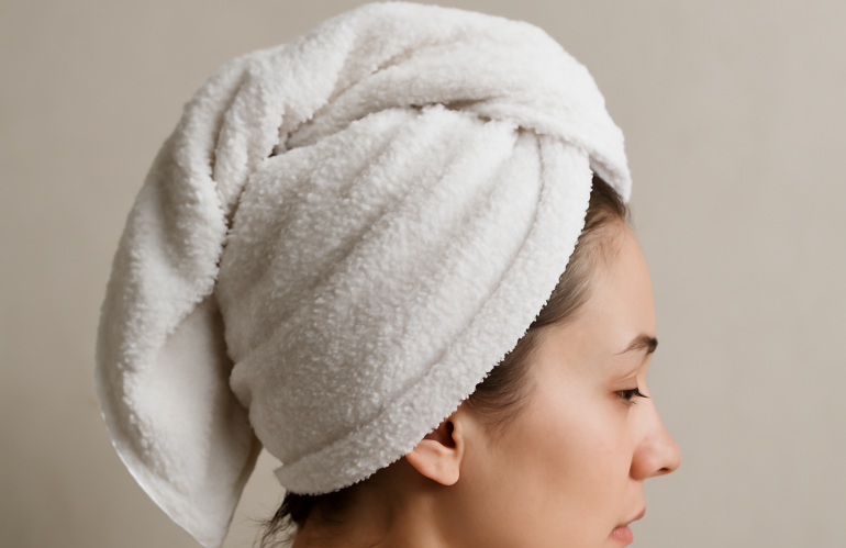 serviette éponge enroulée autour des cheveux