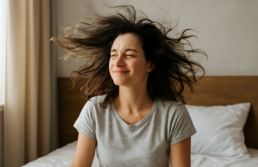 femme secouant ses cheveux au réveil