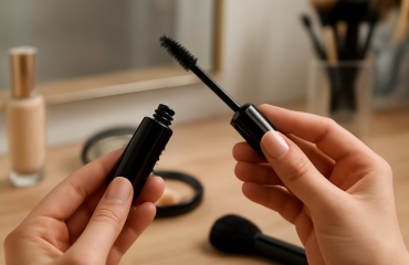 mains tenant un mascara au-dessus d'un vanity
