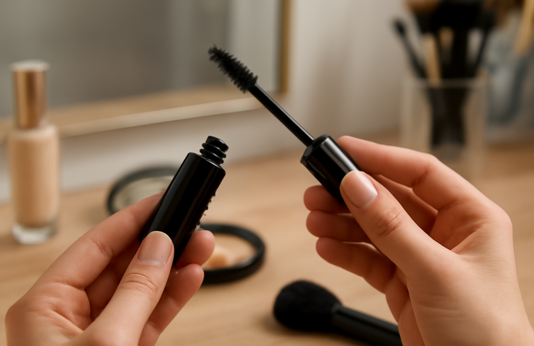 mains tenant un mascara au-dessus d'un vanity